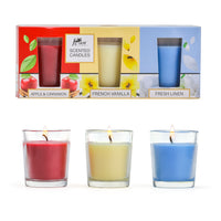 3 Pack Shot Glass Candle- (Apple & Cinnamon - French Vanilla - Fresh Linen)