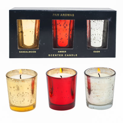Set of 3 Mercury Glass Scented Candles – Sandalwood, Orchard & Lilac (45g Each)