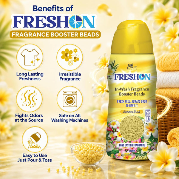 FRESHON  by Pan Aromas (Summer Fresh) In-Wash Fragrance Booster Beads 350g | Long-Lasting Laundry Freshener | Works with All Washing Machines | Gentle on Fabrics | Lasts Up to 16 Washes
