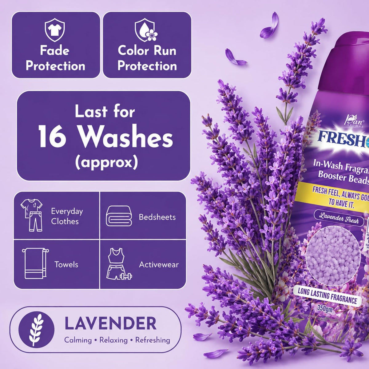 FRESHON  by Pan Aromas (Lavender Fresh) In-Wash Fragrance Booster Beads 350g | Long-Lasting Laundry Freshener | Works with All Washing Machines | Gentle on Fabrics | Lasts Up to 16 Washes