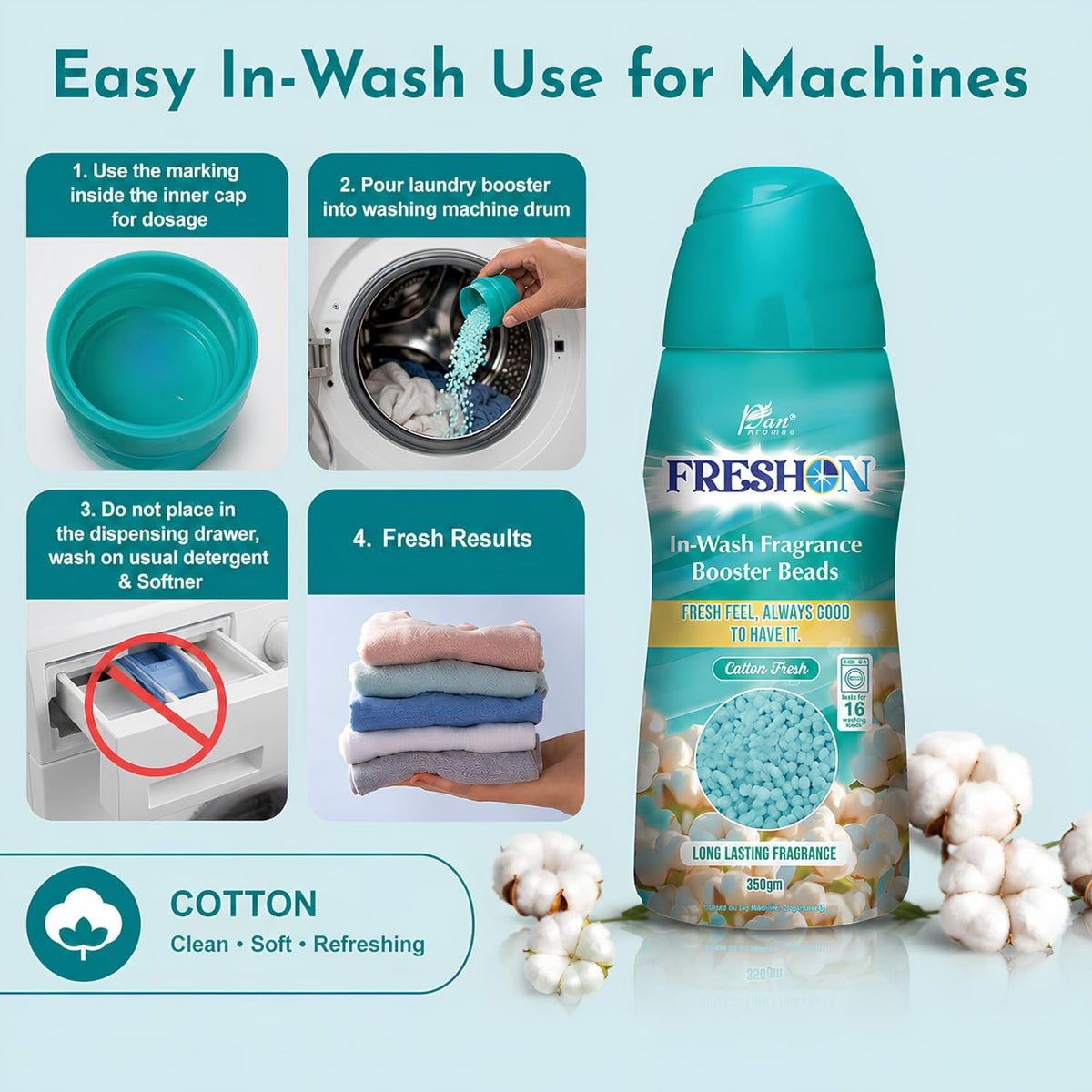 FRESHON  by Pan Aromas (Cotton Fresh) In-Wash Fragrance Booster Beads 350g | Long-Lasting Laundry Freshener | Works with All Washing Machines | Gentle on Fabrics | Lasts Up to 16 Washes