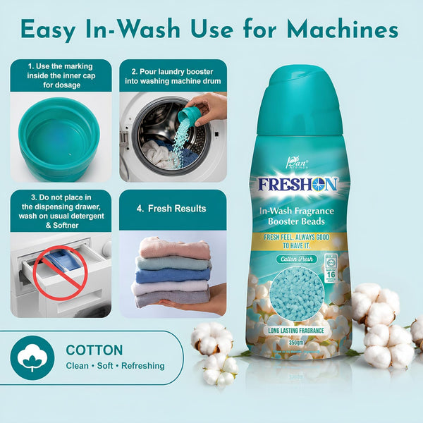 FRESHON  by Pan Aromas (Cotton Fresh) In-Wash Fragrance Booster Beads 350g | Long-Lasting Laundry Freshener | Works with All Washing Machines | Gentle on Fabrics | Lasts Up to 16 Washes
