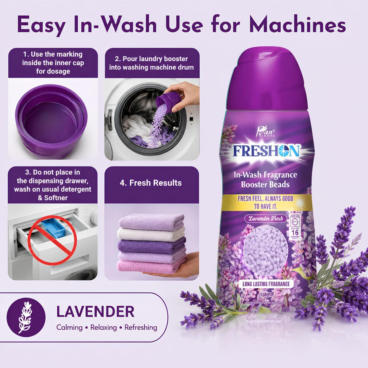 FRESHON  by Pan Aromas (Lavender Fresh) In-Wash Fragrance Booster Beads 350g | Long-Lasting Laundry Freshener | Works with All Washing Machines | Gentle on Fabrics | Lasts Up to 16 Washes