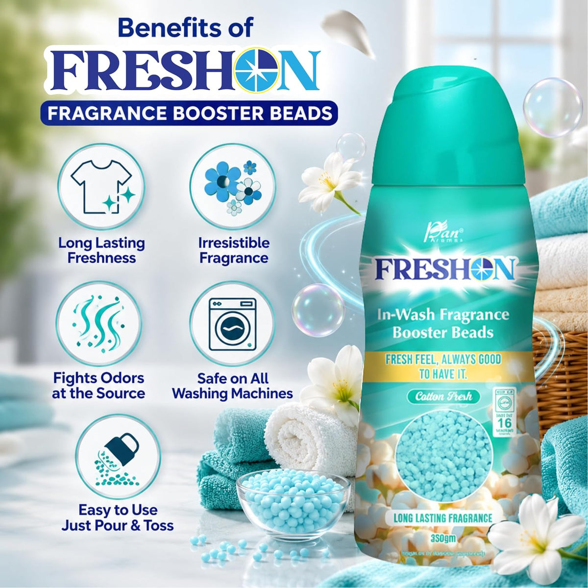 FRESHON  by Pan Aromas (Cotton Fresh) In-Wash Fragrance Booster Beads 350g | Long-Lasting Laundry Freshener | Works with All Washing Machines | Gentle on Fabrics | Lasts Up to 16 Washes