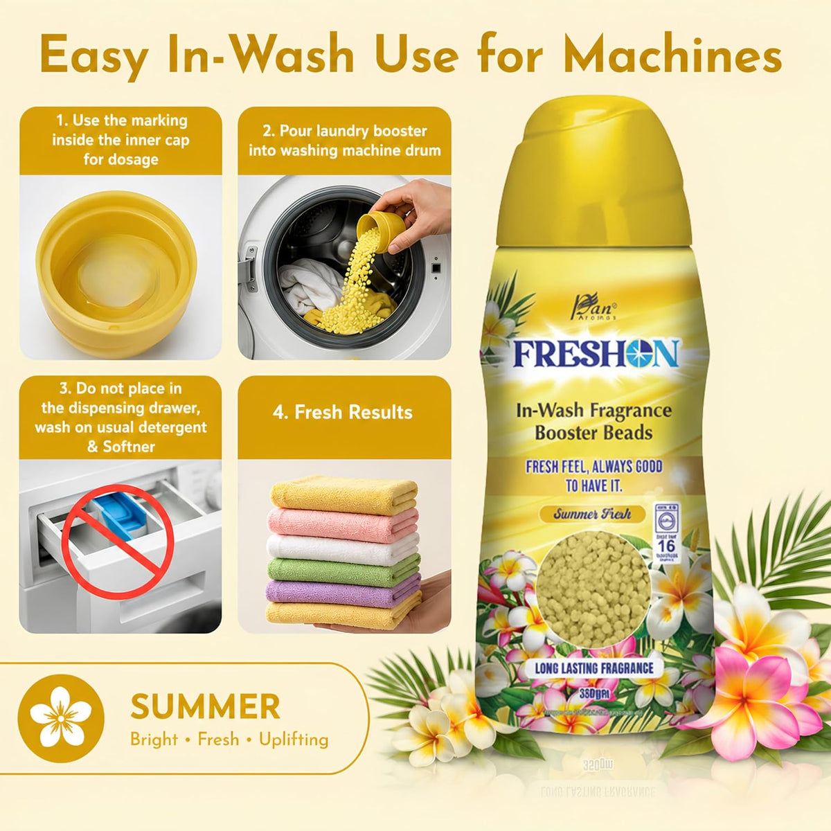 FRESHON  by Pan Aromas (Summer Fresh) In-Wash Fragrance Booster Beads 350g | Long-Lasting Laundry Freshener | Works with All Washing Machines | Gentle on Fabrics | Lasts Up to 16 Washes