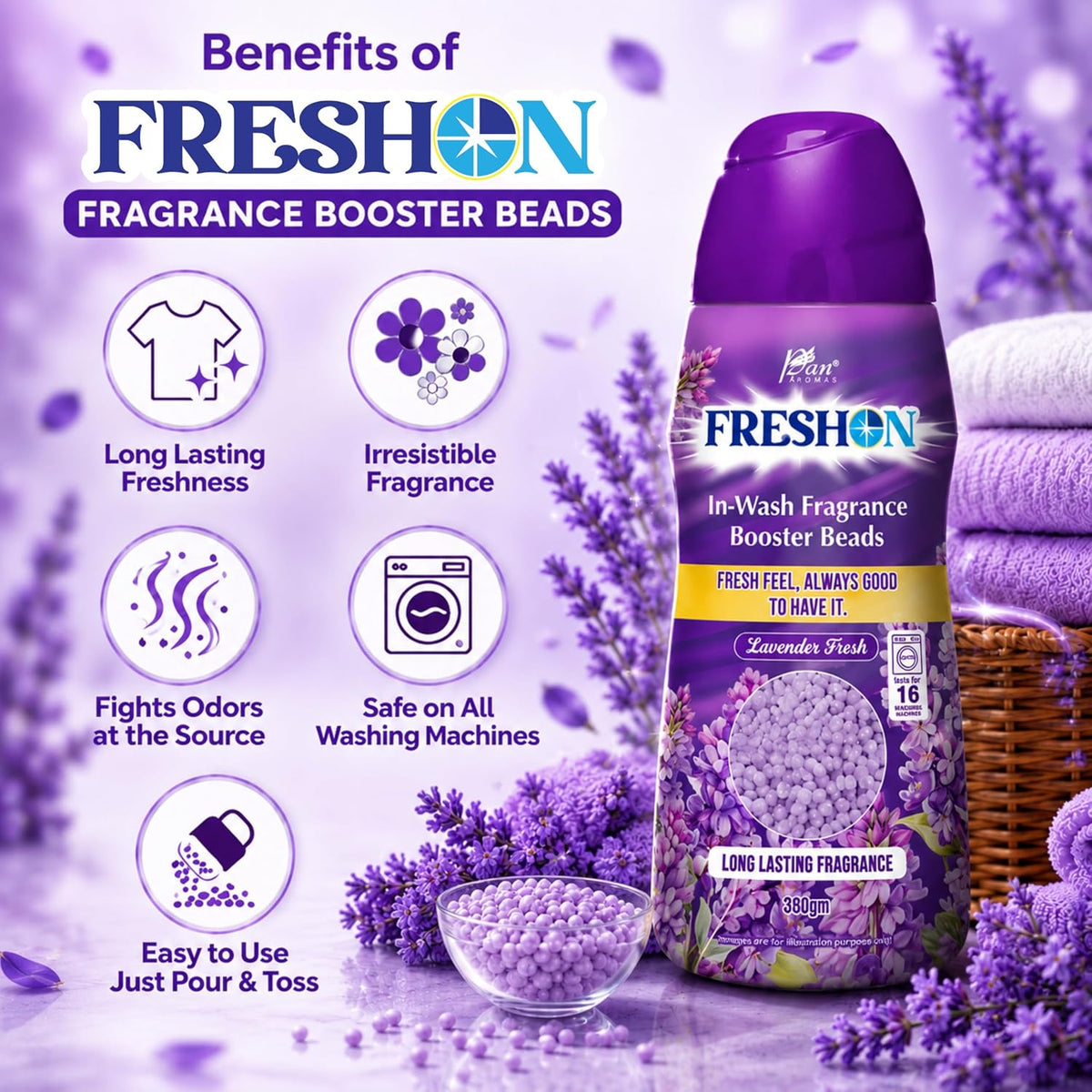 FRESHON  by Pan Aromas (Lavender Fresh) In-Wash Fragrance Booster Beads 350g | Long-Lasting Laundry Freshener | Works with All Washing Machines | Gentle on Fabrics | Lasts Up to 16 Washes