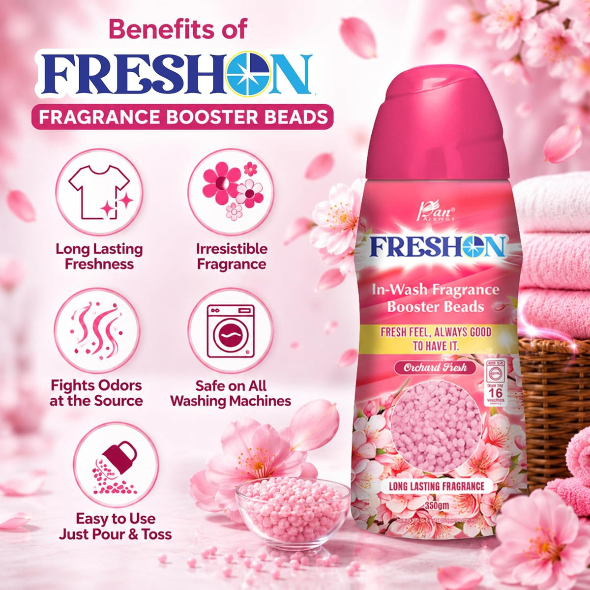 FRESHON  by Pan Aromas (Orchard Fresh) In-Wash Fragrance Booster Beads 350g | Long-Lasting Laundry Freshener | Works with All Washing Machines | Gentle on Fabrics | Lasts Up to 16 Washes