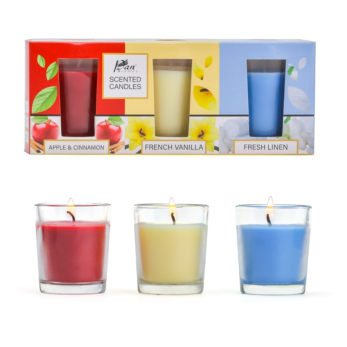 3 Pack Shot Glass Candle- (Apple & Cinnamon - French Vanilla - Fresh Linen)