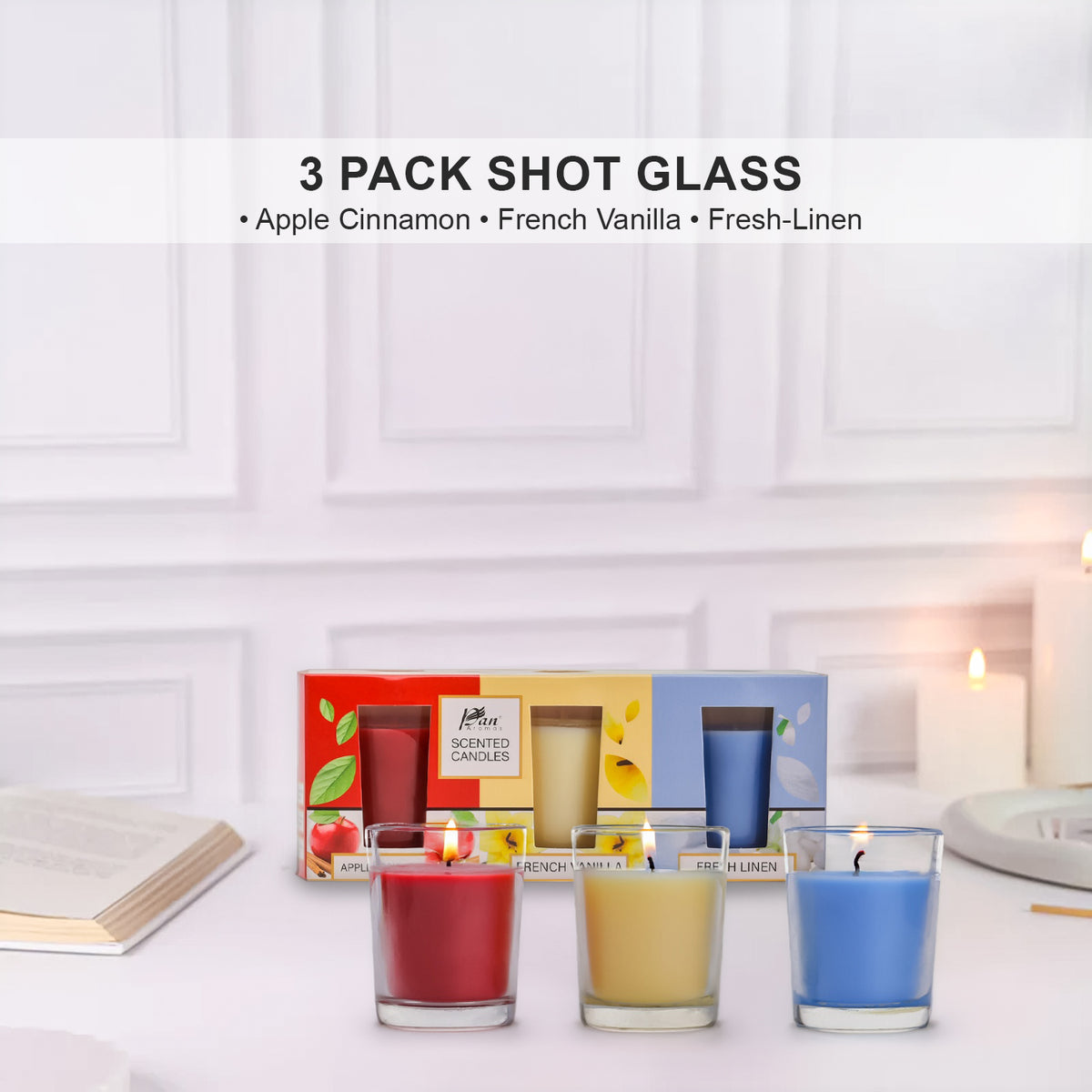 3 Pack Shot Glass Candle- (Apple & Cinnamon - French Vanilla - Fresh Linen)