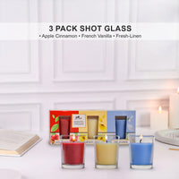 3 Pack Shot Glass Candle- (Apple & Cinnamon - French Vanilla - Fresh Linen)