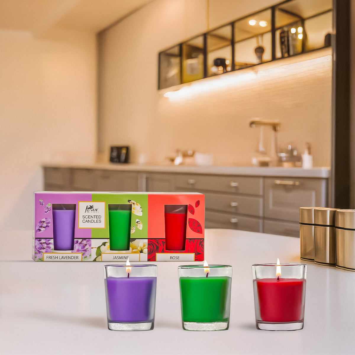 3 Pack Shot Glass Candle- (Fresh Lavender - Jasmine - Rose)
