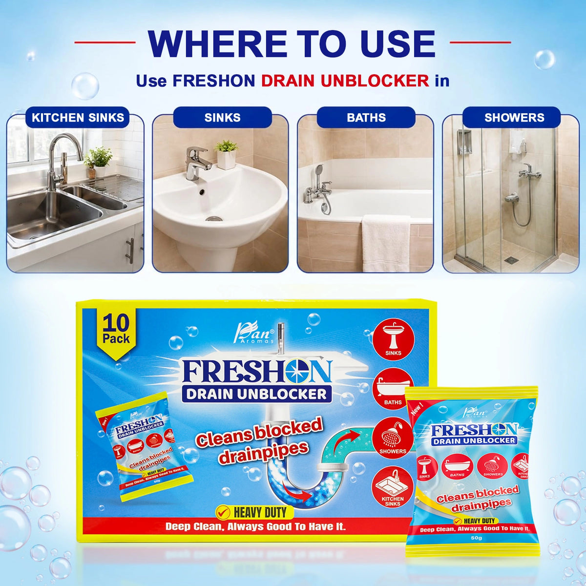 Drain Unblocker for Kitchen & Bathroom Drains – Pack of 10