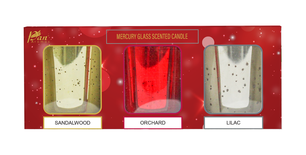Set of 3 Mercury Glass Scented Candles – Sandalwood, Orchard & Lilac (45g Each)