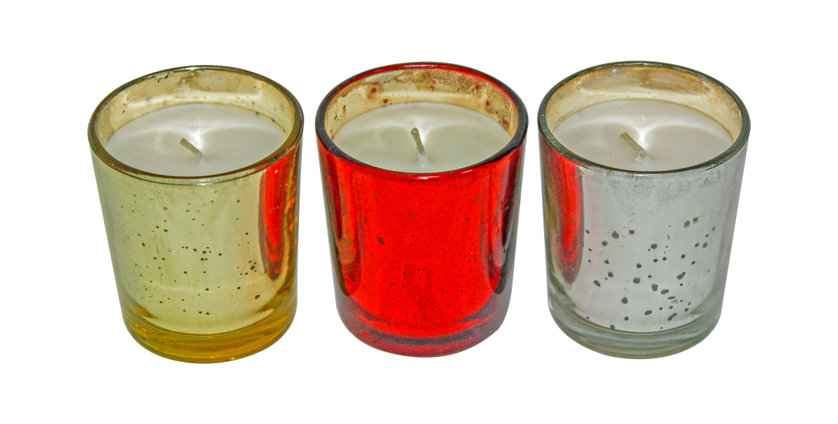 Set of 3 Mercury Glass Scented Candles – Sandalwood, Orchard & Lilac (45g Each)
