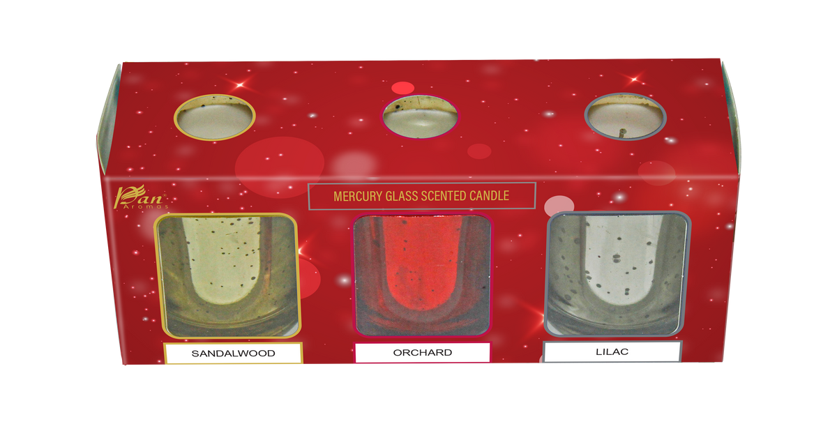 Set of 3 Mercury Glass Scented Candles – Sandalwood, Orchard & Lilac (45g Each)