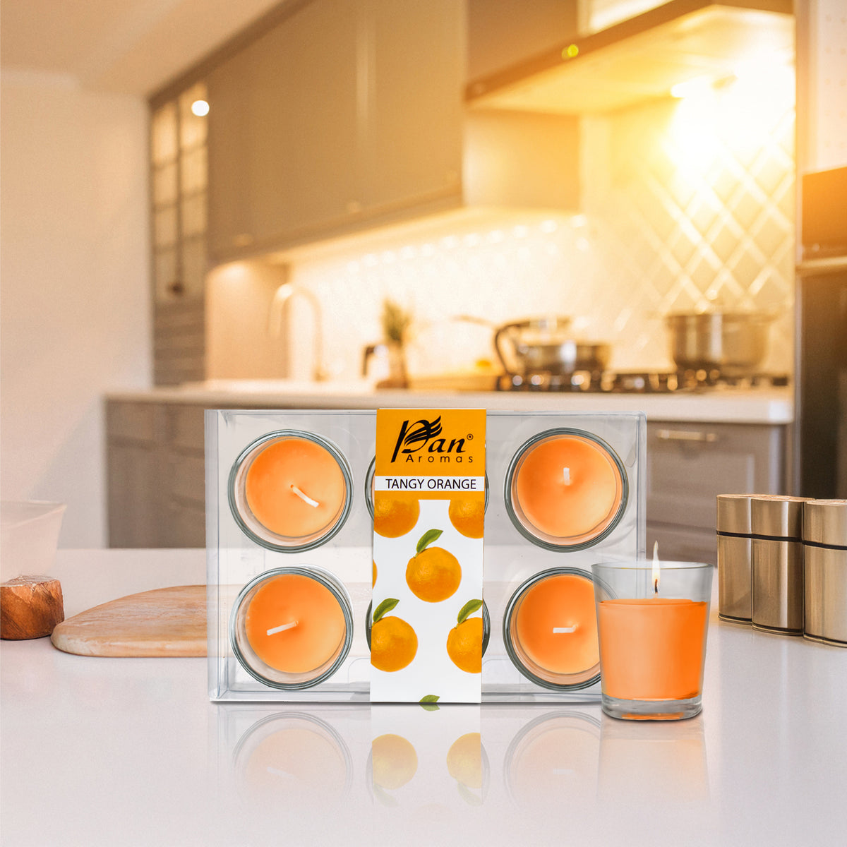6 Pack Votive Glass Candle- Tangy Orange