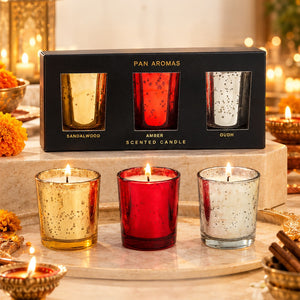 Set of 3 Mercury Glass Scented Candles – Sandalwood, Orchard & Lilac (45g Each)
